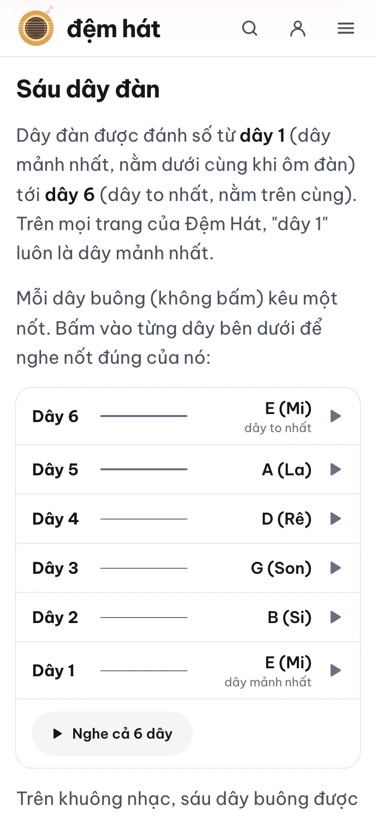 Bài học Lên dây, có nút nghe từng dây.