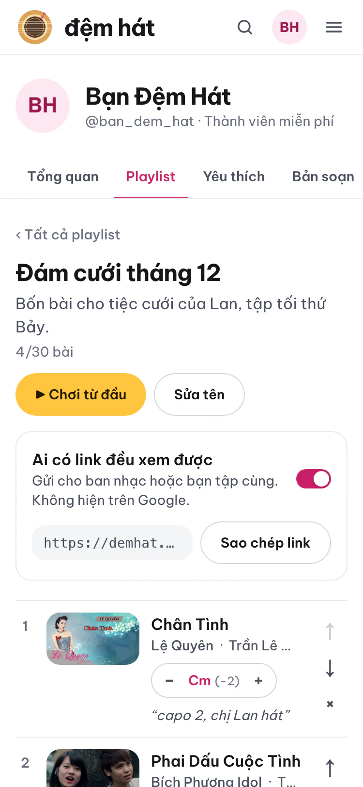 Mỗi bài một tông và một dòng ghi chú riêng.